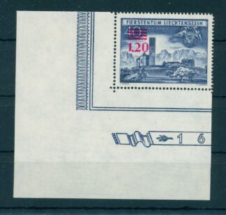 LIECHTENSTEIN,  PROVISIONAL 1.20 on 40 c. 1952, MNH STAMP FROM LOWER LEFT CORNER /<i>Liechtenstein 1952 Provisorium 1.20/40 Rp., postfrisch, linke untere Ecke</i>