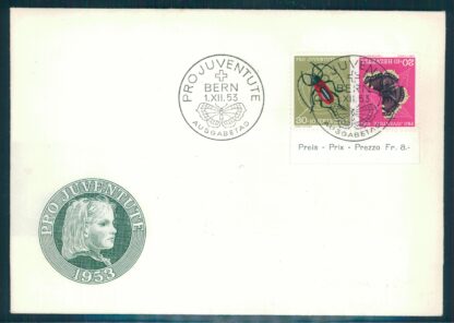 SWITZERLAND, SE-TENANT BUTTERFLY / BEETLE FDC 1953, CACHETED AND UNADRESSED