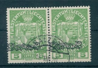 LIECHTENSTEIN, 1920 5 H – MISPLACED OVERPRINT IN USED PAIR /<i>LIECHTENSTEIN, 1920, 5 H – verschobener Aufdruck im gebrauchten Paar</i>
