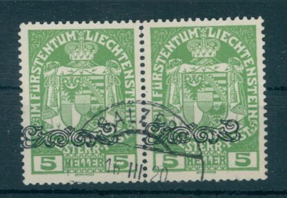 LIECHTENSTEIN, 1920 5 H – MISPLACED OVERPRINT IN USED PAIR /<i>LIECHTENSTEIN, 1920, 5 H – verschobener Aufdruck im gebrauchten Paar</i>