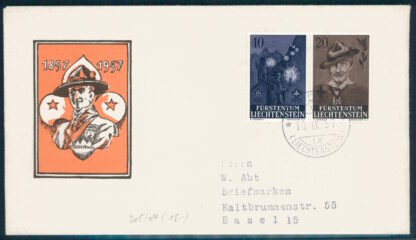 LIECHTENSTEIN, SCOUTS 1957, SE-TENANT PAIR ON CACHETED FDC