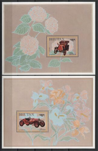 BHUTAN, 2 SOUVENIR SHEETS OLDTIMER AUTOMOBILES, MNH