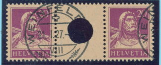 SWITZERLAND, GUTTERPAIR 20 c Tell Portrait violet WITH LARGE WHOLE USED, CERTIFICATE