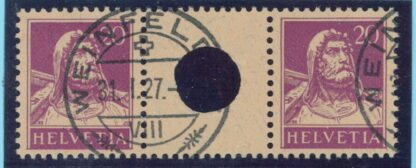 SWITZERLAND, GUTTERPAIR 20 c Tell Portrait violet WITH LARGE WHOLE USED, CERTIFICATE