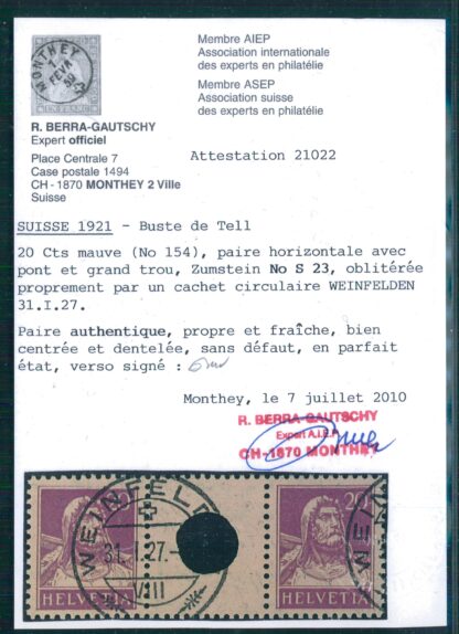 SWITZERLAND, GUTTERPAIR 20 c Tell Portrait violet WITH LARGE WHOLE USED, CERTIFICATE - Image 2