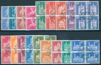 SWITZERLAND – DEFINITIVES 1960, BLOCKS OF FOUR WITH FIRST DAY CANCELLATIONS /<i>SCHWEIZ – DAUERMARKEN 1960, VIERERBLOCKS MIT ERSTTAGSSTEMPEL</i>
