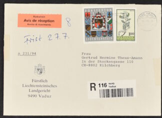 LIECHTENSTEIN, RARE 5 FRANCS CHANGED PAPER ON COMMERCIAL ENVELOPE / <i>Liechtenstein – Seltener 5-Franken-Wert auf geändertem Papier, auf Bedarfsbrief</i>