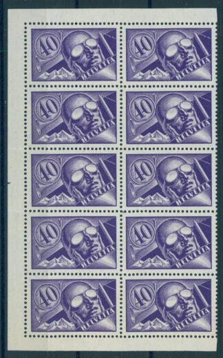 SWITZERLAND, AIRPOST 40 c., PILOT, BLOCK OG 10 NEVER HINGED - SUPERB! <i>SCHWEIZ, Flugpost 40 Rp. Pilot, postfrischer Block zu 10 Marken – prachtvolles Stück!</i>