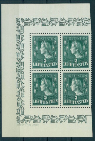 LIECHTENSTEIN, 3 FRANCE PRINCESS GINA 1944 NH BLOCK OF 4 / <i>Liechtenstein, 3-Franken-Prinzessin 1944, postfrischer Viererblock</i>