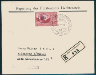 LIECHTENSTEIN, 1.50 Fr. OFFICIAL 1935 R-COVER VADUZ TO ZURICH <i>LIECHTENSTEIN, 1.50 Fr. Dienstmarke auf R-Brief 1935 von Vaduz nach Zürich – </i>