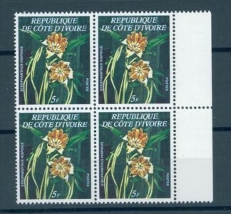 IVORY COAST, 5 Fr. EXOTIC FLOWER, BLOCK OF 4, NH