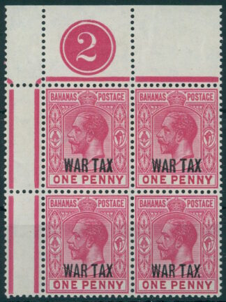 BAHAMAS, GEORGE V, ONE PENNY WAR TAX, BLOCK OF 4 NH