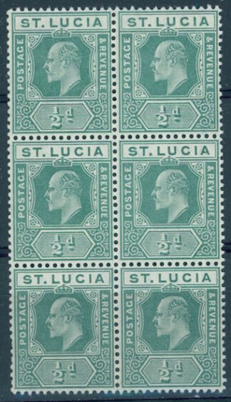 ST. LUCIA,½ d, EDWARD VII, BLOCK OF 6, MNH