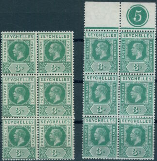 SEYCHELLES, ½ d GEORGE V, TWO DIFFERENT STAMPS IN BLOCKS OF 6,  NH / <i>SEYCHELLEN – König Georg V., ½ d. zwei verschiedene Marken, jeweils im Sechserblock, postfrisch</i>