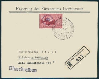 LIECHTENSTEIN, 1.50 fr. OFFICIAL 1936 R-COVER VADUZ TO KILCHBERG ZURICH / <i>Liechtenstein, 1.50 Fr. Dienstmarke auf R-Brief 1936 von Vaduz nach Kilchberg (Zuerich)</i>