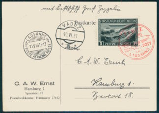 LIECHTENSTEIN, 1 fr. ZEPPELIN ON POSTCARD TO GERMANY / </i>Liechtenstein, 1 Fr. Zeppelin auf Postkarte nach Deutschland</i>
