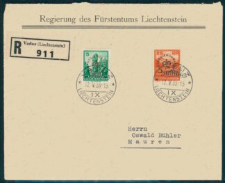 LIECHTENSTEIN,  25 c. + 5 c on R-COVER 1935<i>Liechtenstein, 25 C. + 5 C. auf R-Brief 1935. 