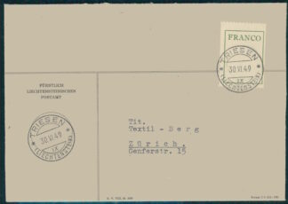 LIECHTENSTEIN, FRANCO STAMP COMMERCIAL USE, TRIESEN TO ZÜRICH RARE / <i>LIECHTENSTEIN, Franco-Marke im kommerziellen Gebrauch, Triesen nach Zürich, selten</i>