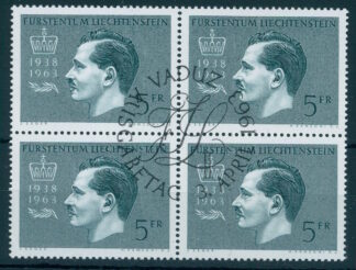LIECHTENSTEIN – 5 Fr. Franz Josef II 1963, used block of four FD-cancel