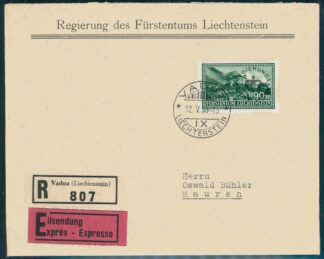 LIECHTENSTEIN, COVER 90 c. REGISTERED COVER SPECIAL DELIVERY 1935 / <i>LIECHTENSTEIN, Brief 90 Rp. Einschreibebrief mit EXPRESS 1935 von VADUZ nach MAUREN</i>