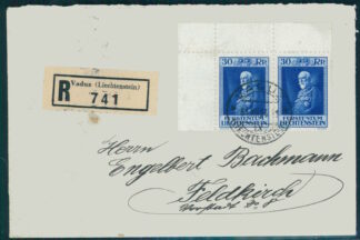 LIECHTENSTEIN, 30 c. 80th Birthday of Prince Francis I 1933, IN PAIR ON R-COVER / <I>LIECHTENSTEIN, 30 Rp. 80. Geburtstag Fürst I im Paar auf Brief</I>