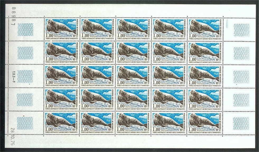 FSAT, FRENCH ANTARCTIC TERR "SEAL" FULL SHEET, MNH! / <i>Französische Antarktis u. Australische-Territorien, „Wedellrobbe“, vollständiger Bogen, postfrisch!