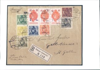 LIECHTENSTEIN, COLOURFUL FRANKING, WITH BOTH PROVISIONALS 2 Rp. On 10H FROM 1920 / <i>Liechtenstein, farbige Frankatur mit beiden Provisorien zu 2 Rp. auf 10 H aus dem Jahr 1920.</i>