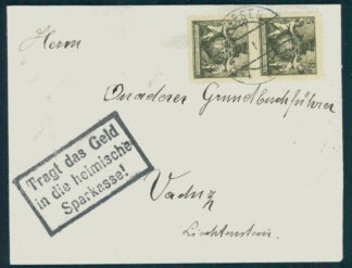 LIECHTENSTEIN, SMALL ENVELOPE FROM "TRIESEN" WITH BOXED SLOGAN CANCEL ON COVER "Tragt das Geld in die heimische Sparkasse!" VERY RARE