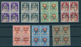 SWITZERLAND, SDN 7 STAMPS ALL GRILLED PAPER 1935-37 IN BLOCKS OF 4 USED <i>Sämtliche Werte auf geriffeltem Papier 1935–1937 in Viererblöcken, gebraucht.</i>