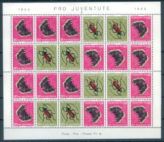 SWITZERLAND – MINISHEET PRO JUVENTUTE “BUTTERFLIES & BUGS”, 1953, UNUSED / NEVER HINGED / <i>SCHWEIZ – PRO JUVENTUTE-Kehrdruckbogen „SCHMETTERLINGE & INSEKTEN“, 1953, POSTFRISCH