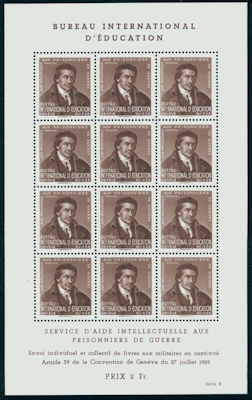 SWITZERLAND,  BIE FORERUNNER  PESTALOZZI 1940 FULL SHEET, BROWN UNUSED / <i>Schweiz, BIE-Vorläufer Pestalozzi 1940, vollständiger Bogen in Braun, ungebraucht.</i>
