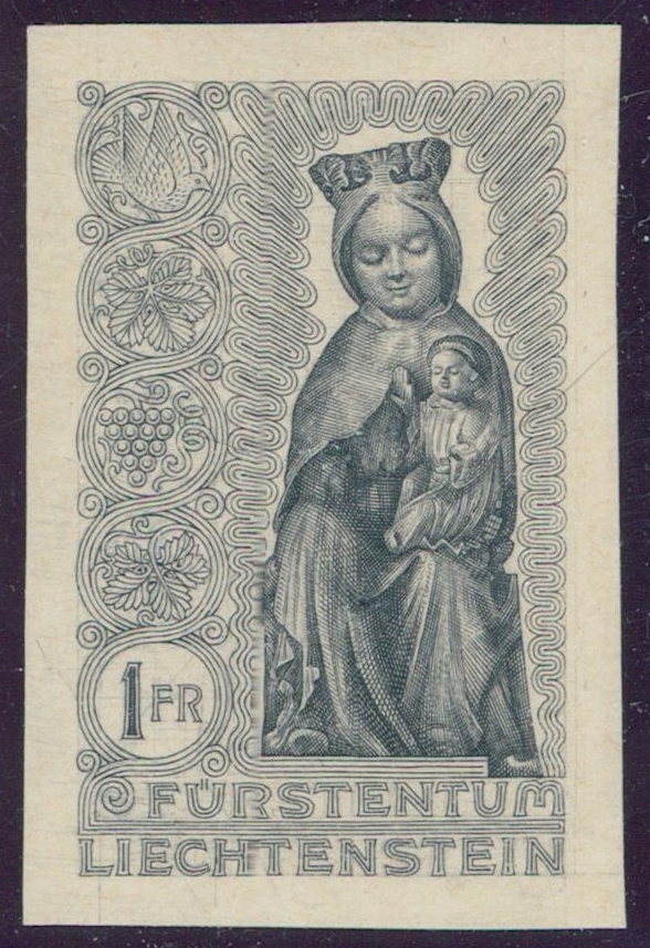 LIECHTENSTEIN. Superb proof of the 1 Fr. stamp “Madonna – The Enthroned Mother of God”, 1954, in perfect condition – rare.