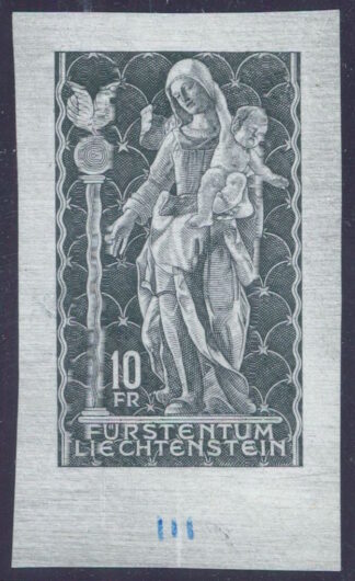 LIECHTENSTEIN, SUPERB PROOF OF 10 Fr. STAMP MADONNA FROM SCHELLENBERG 1965, PERFECT CONDITION - rare! <i>LIECHTENSTEIN, hervorragender Probedruck der 10-Fr.-Marke „Madonna von Schellenberg“ 1965, in perfekter Erhaltung – selten!</i>