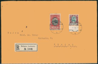 LIECHTENSTEIN R-COVER MIXED FRANKING 1929 TO ZÜRICH <i>Liechtenstein, Einschreibebrief mit Mischfrankatur, 1929, nach Zürich</i>