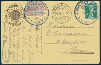 SWITZERLAND, AIRPOST FORERUNNER LUGANO 1913 ON FLOWN CARD - rare! / <i>SCHWEIZ, Flugpost-Vorläufer Lugano 1913 auf beförderter Karte – selten!</i>