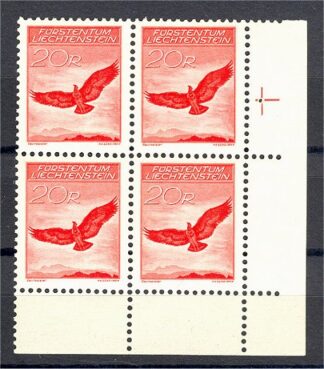 LIECHTENSTEIN, AIRPOST 1936, 20 C "EAGLE", BLo4 NH ** / <i>Flugpostmarke zu 20 Rp. auf geriffeltem Papier, Ausgabe 1936</i>