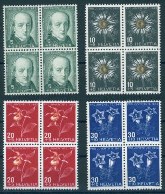 SWITZERLAND, PRO JU/VENTUTE 1943 BLOCKS OF 4 NH