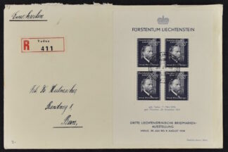LIECHTENSTEIN, RHEINBERGER SOUVENIR SHEET 1938 FDC / <i>Liechtenstein, Rheinberger-Gedenkblock 1938, Ersttagsbrief.</i>