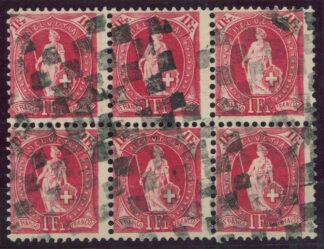 SWITZERLAND, 1 Fr. Standing Helvetia, FINE BLOCK OF 6 WITH CUSTOMS CANCEL