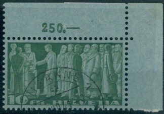 SWITZERLAND, 10 Fr. SENSITIVE PAPER FROM 1938 - SUPERB STAMP FROM UPPER RIGHT CORNER, VFU <i>SCHWEIZ, 10 Fr. empfindliches Papier von 1938 – hervorragende Marke aus der oberen rechten Ecke, VFU.</i>