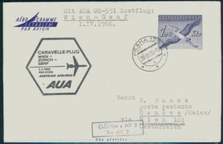 Switzerland – First Flight Caravelle inaugural flight Vienna – Zurich – Geneva, 1966, originating from Czechoslovakia, on aerogramme