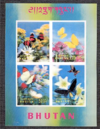 BHUTAN, BUTTERFLIES, SOUVENIR SHEET 3-D, 1968, NEVER HINGED  /<i>BHUTAN – Schmetterlinge, Souvenirblock in 3-D, Ausgabe 1968, postfrisch, ungebraucht ohne Falz</i>