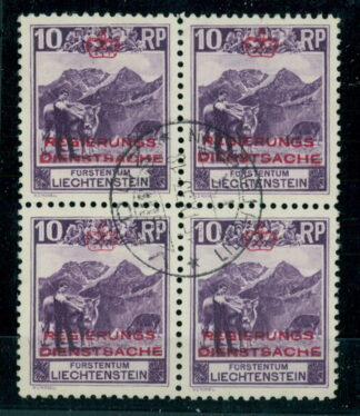 LIECHTENSTEIN, OFFICIALS 1932, 10 CENTIMES VF USED BLOCK  OF 4