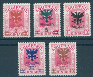ALBANIA, OVERPRINTS 1920 - 2 on 10, 5 on 10,10, 25 on 10, 50 on 10 QUINDAR, ALL NEVER HINGED / <i>ALBANIEN, ADLER-AUFDRUCK VON 1920 AUF 5 Werten POSTFRISCH!</i>