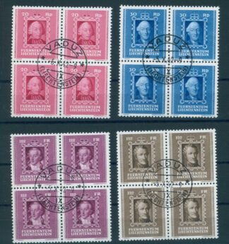 LIECHTENSTEIN, PRINCES PORTRAITS (II) 1942, BLOCKS OF 4 VERY FINE USED / <i>Liechtenstein, Fürstenportraits (II) 1942, Viererblöcke gestempelt</i>
