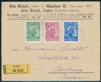 LIECHTENSTEIN, FIRST ISSUE ON R-COVER TO FREIBURG GERMANY, A BICKEL COVER 1912