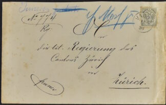 LIECHTENSTEIN, 20 kr. 1890 ON COVER TO THE GOVERNMENT IN ZURICH rare! / <i>Liechtenstein, 20 Kr. 1890 auf Brief an die Regierung in Zürich- sehr selten!</i>
