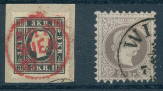 AUSTRIA, TWO FINE STAMPS 3 Kr, 1858 and 25 Kr. 1867, BOTH VERY FINE
