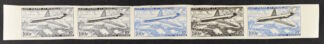 ST. PIERRE & MIQUELON IMPERFORATE 100 F AIRCRAFT CARAVELLE, COLOR PROOF STRIP OF 5 NEVER HINGED / <i>St. Pierre & Miquelon, ungezähnte 100-Franken-Flugpostmarke „Flugzeug Caravelle“, Farbproben-Fünferstreifen, postfrisch, ungezähnt</i>