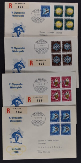 SWITZERLAND, OLYMPIC GAMES 1948 ST MORITZ IN BLOCKS OF 4, ON 4 ENVELOPES <i>Schweiz, Olympische Spiele 1948 St. Moritz in Viererblocks, auf 4 Briefumschlägen.</i>